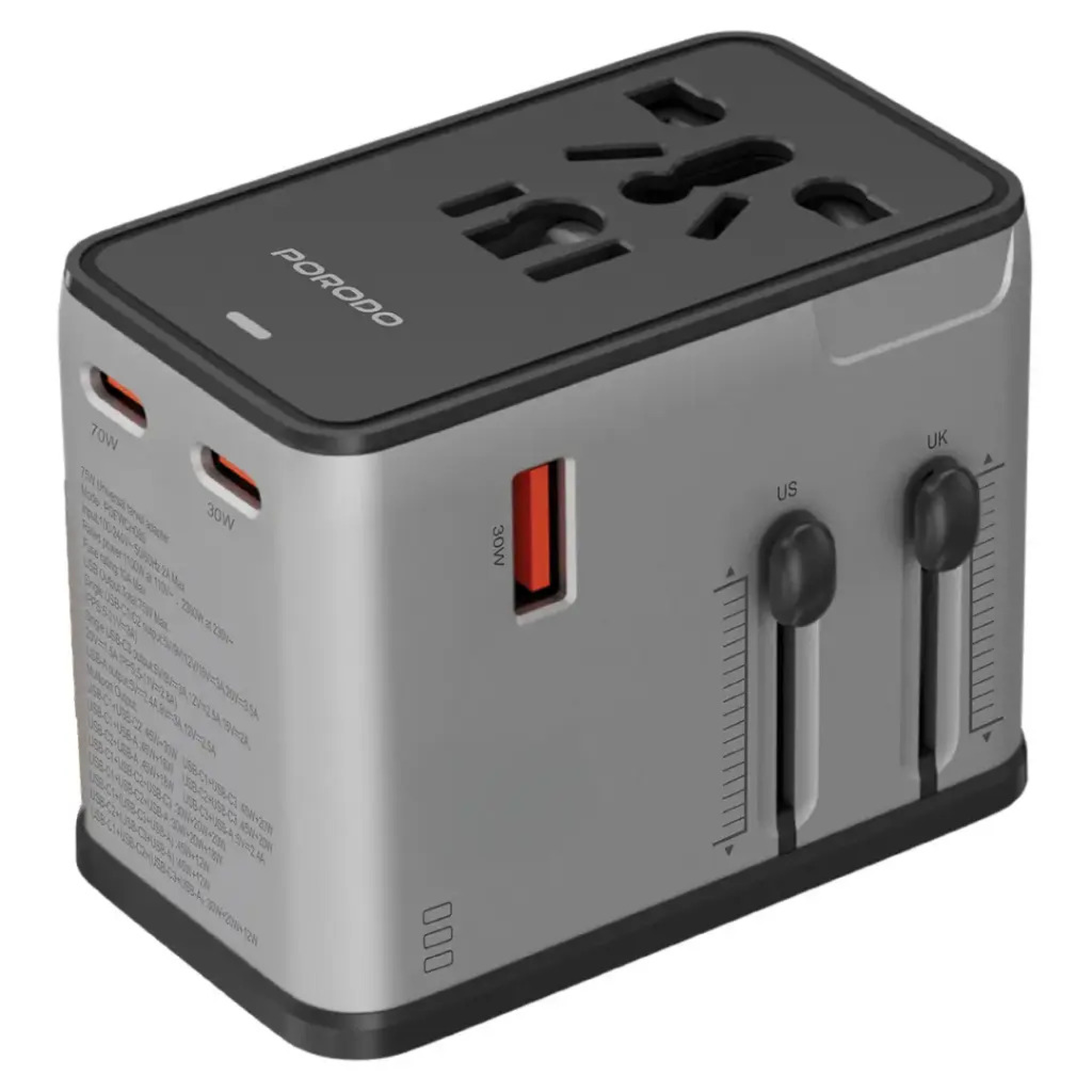 9904781943734 - PDFWCH089SLBK Porodo Mega Volt Universal Travel Adapter